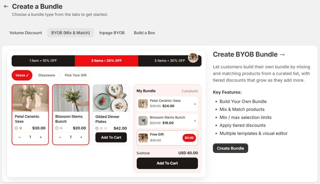 The Create a Bundle page in Flash Box Builder with the BYOB (Mix & Match) tab selected: a drawing of a builder with a tier bar of 1 item 10% off, 3 items 20% off and 5 items 30% off, a product grid, a My Bundle tray with a free gift, and a Create Bundle button beside the key features