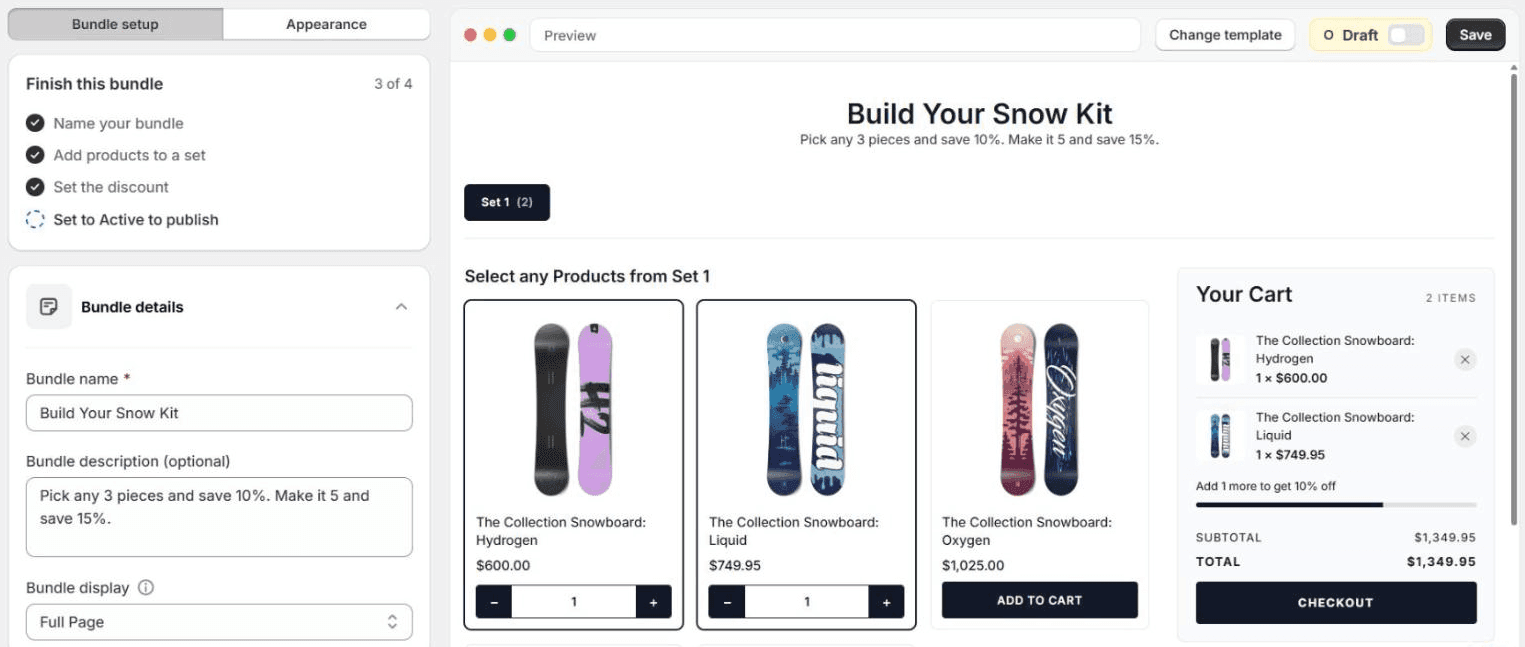 The BYOB editor: a Finish this bundle checklist at 3 of 4, Bundle details with the name Build Your Snow Kit and the description Pick any 3 pieces and save 10%. Make it 5 and save 15%, and on the right a preview with three snowboards and a cart holding two of them, reading Add 1 more to get 10% off
