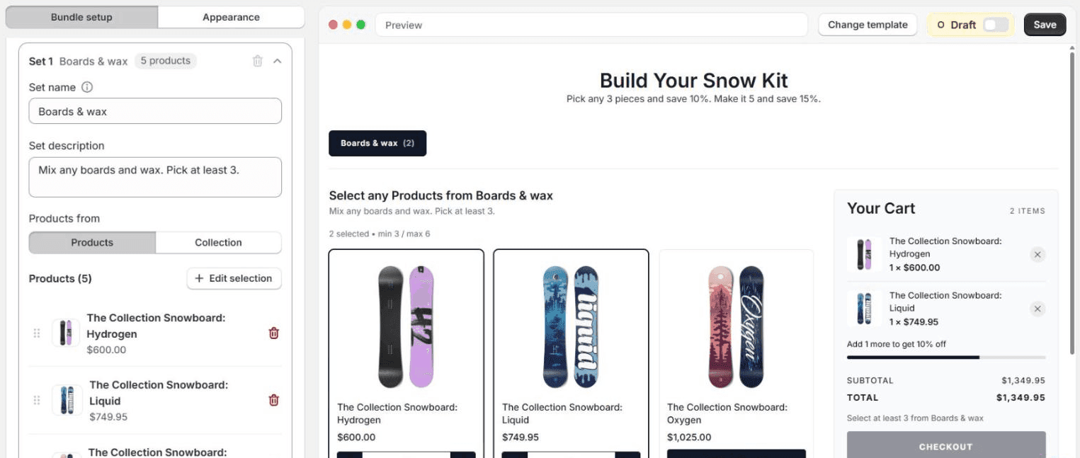 Set 1 named Boards & wax with the description Mix any boards and wax. Pick at least 3, five products chosen from Products, and a preview where the cart says Select at least 3 from Boards & wax above a greyed-out Checkout button
