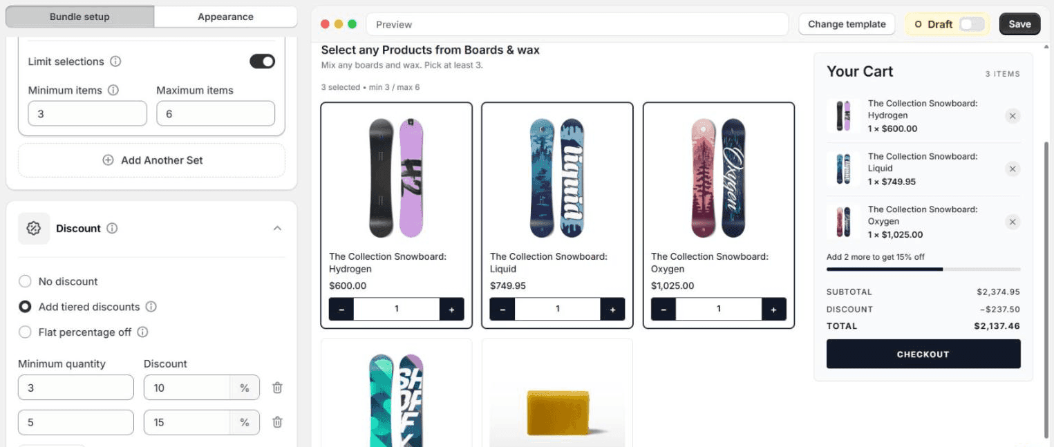 Limit selections on with a minimum of 3 and a maximum of 6, Add tiered discounts selected with tiers of 3 for 10% and 5 for 15%, and a preview cart with three snowboards showing a discount of $237.50, a total of $2,137.46, and the line Add 2 more to get 15% off