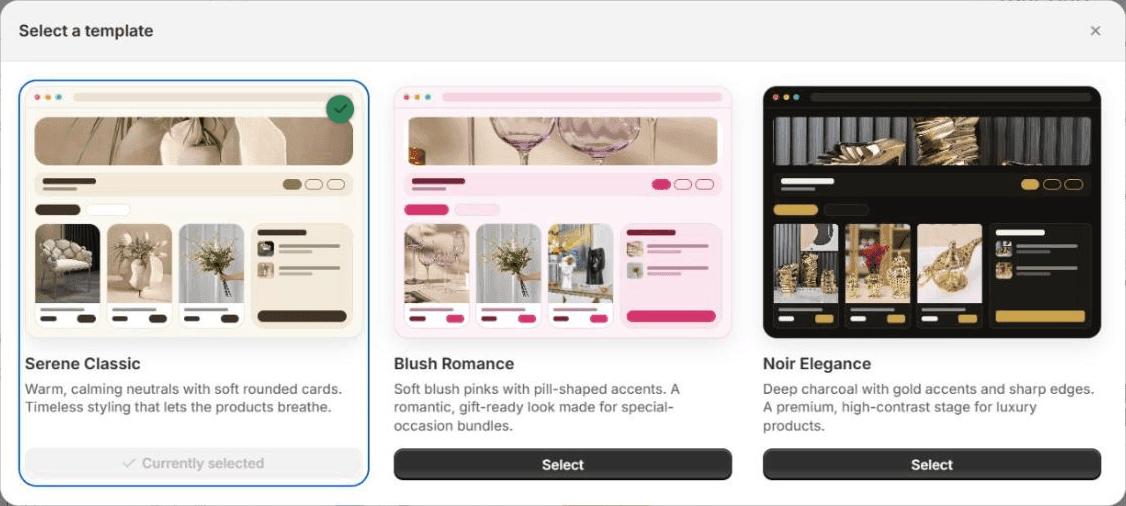 The Select a template dialog with three choices: Serene Classic in warm neutrals, currently selected, Blush Romance in soft pinks, and Noir Elegance in charcoal and gold