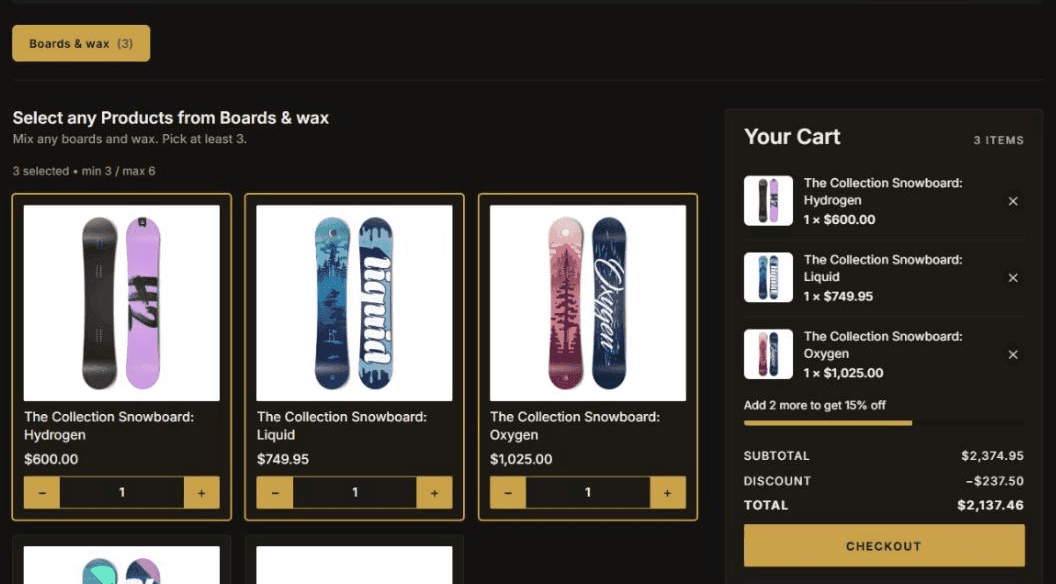The builder in the Noir Elegance template: a gold Boards & wax tab, three picked snowboards with gold borders and quantity steppers, and a dark cart listing them with a subtotal of $2,374.95, a discount of $237.50, a total of $2,137.46 and a gold Checkout button