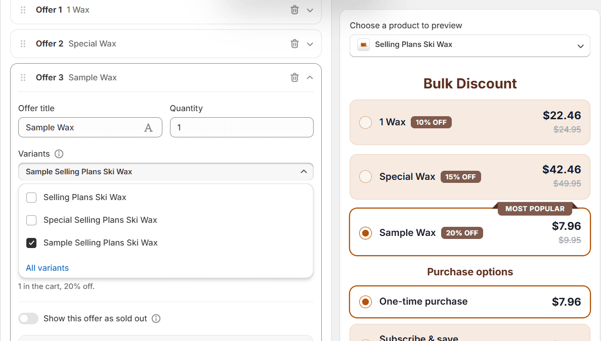 The volume discount editor with Offer 3, Sample Wax, opened. Under Offer title and Quantity, a Variants field is open with three variants listed as checkboxes: Selling Plans Ski Wax, Special Selling Plans Ski Wax and Sample Selling Plans Ski Wax, with the last one ticked and an All variants link below. The preview on the right shows three rows priced $22.46, $42.46 and $7.96