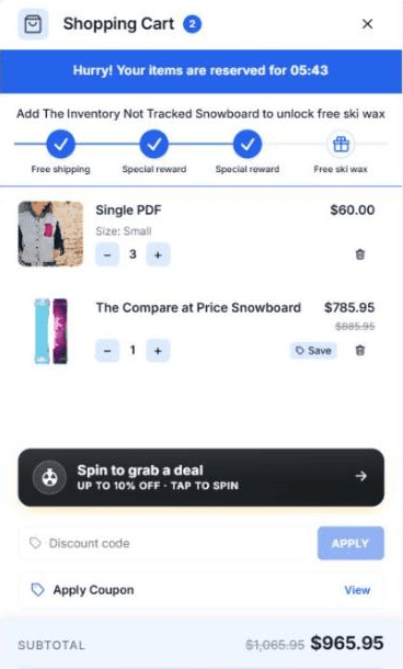 The cart drawer without the snowboard: the bar reads Add The Inventory Not Tracked Snowboard to unlock free ski wax, three milestones are ticked and the fourth, Free ski wax, shows a gift icon