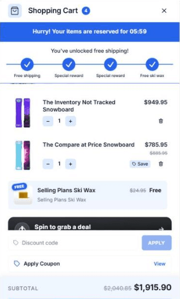 The cart drawer with the snowboard in it: all four milestones are ticked, and the ski wax sits in its own row with a Free tag, its $24.95 price crossed out and the word Free