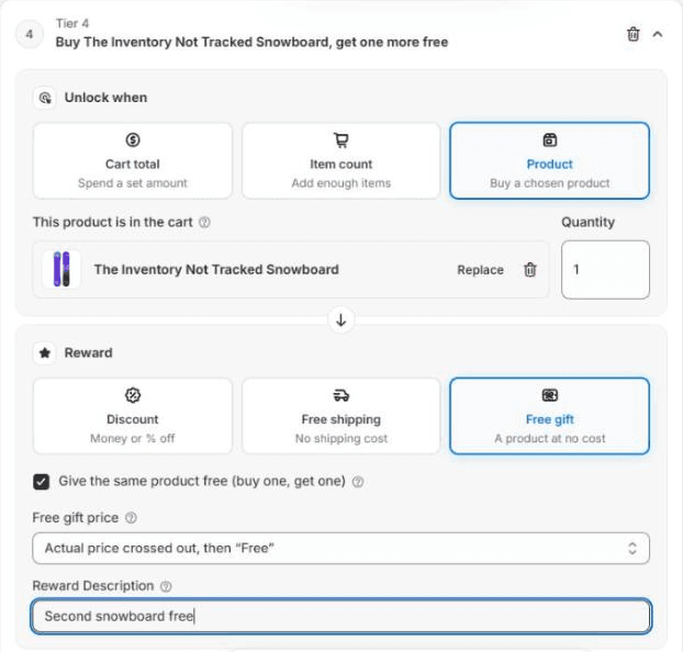 The same tier with Give the same product free (buy one, get one) ticked: the title now reads Buy The Inventory Not Tracked Snowboard, get one more free, the gift product picker is gone, and the reward description says Second snowboard free
