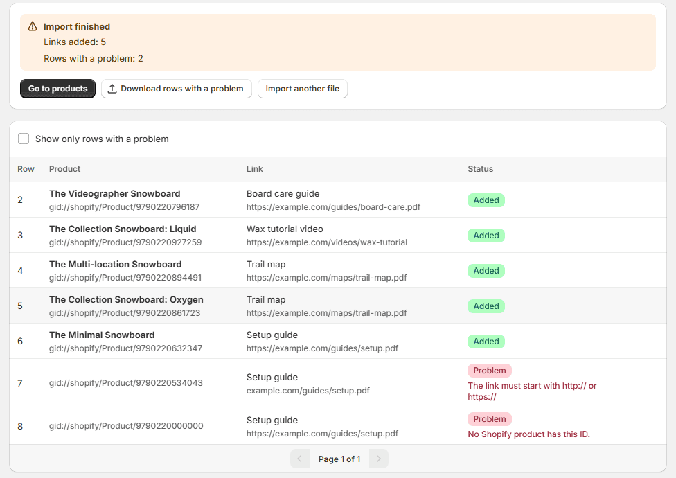 The result after saving: Import finished, Links added: 5, Rows with a problem: 2, with buttons Go to products, Download rows with a problem and Import another file. The table now shows Added for the five good rows and Problem for the other two