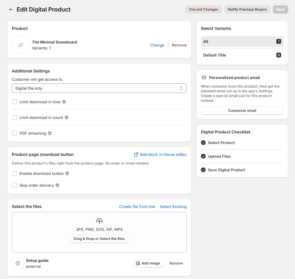 The Edit Digital Product page for The Minimal Snowboard. Under Select the files, a link called Setup guide marked external. In Select Variants, All has 1 file and Default Title has 0