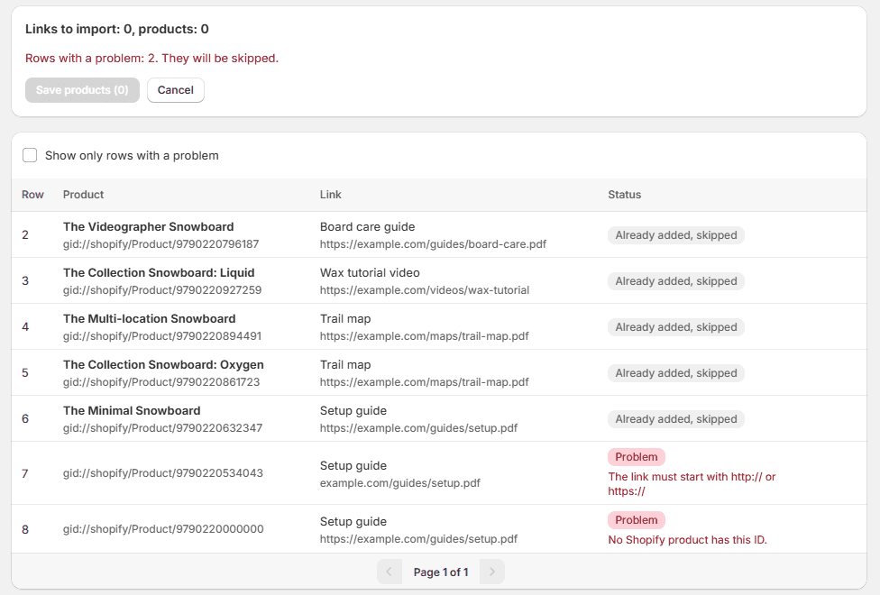 The same CSV uploaded a second time: Links to import: 0, products: 0, a greyed out Save products (0) button, and every good row marked Already added, skipped