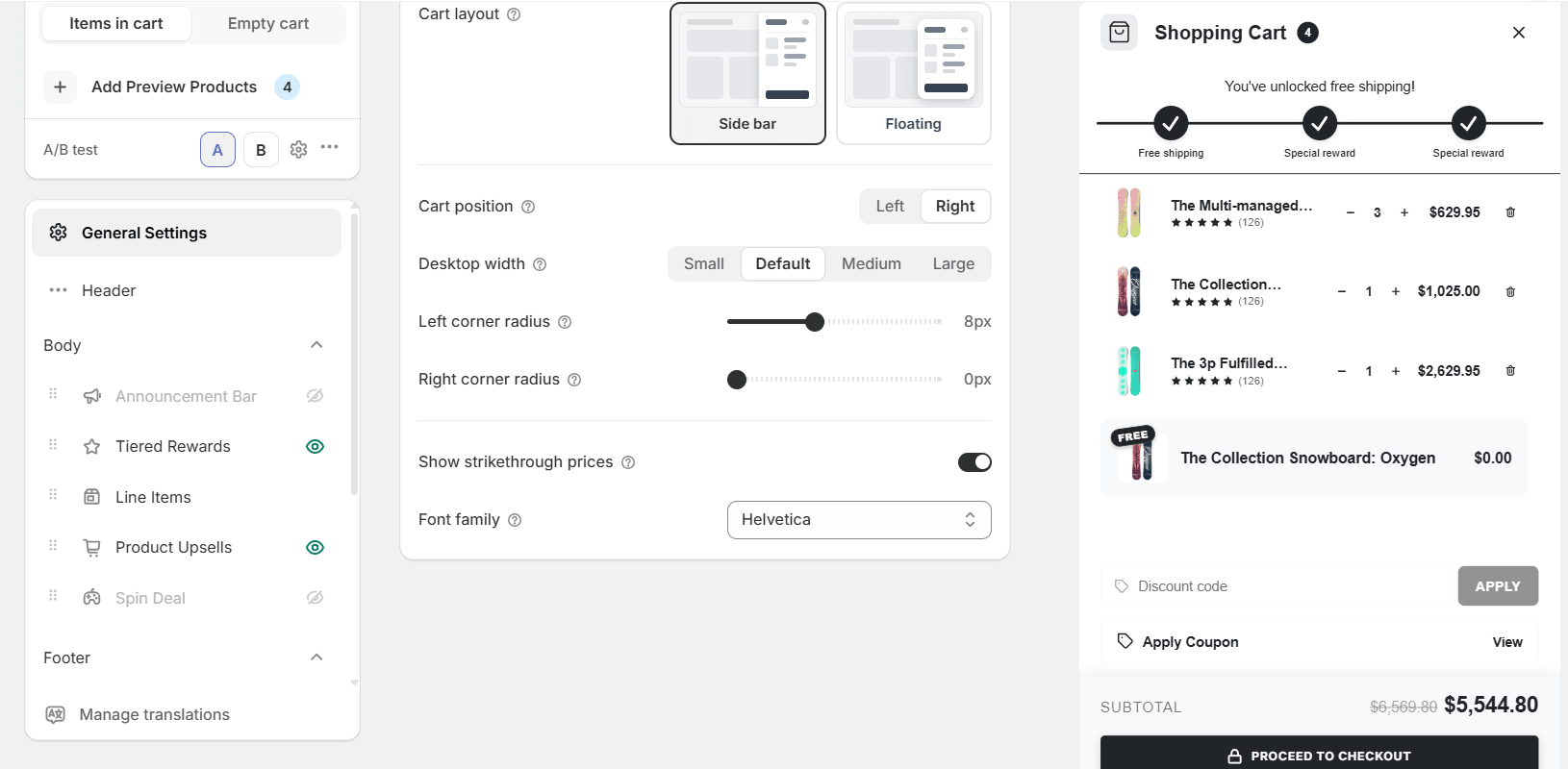 The Flash Cart Drawer Upsell cart editor. In the left column, under Add Preview Products, a row labelled A/B test shows an A button selected, a B button, a settings gear and a menu. Below are the General Settings, Header, Body and Footer sections; on the right, the live cart preview with a free-shipping bar, three products, a free gift and a discount code box