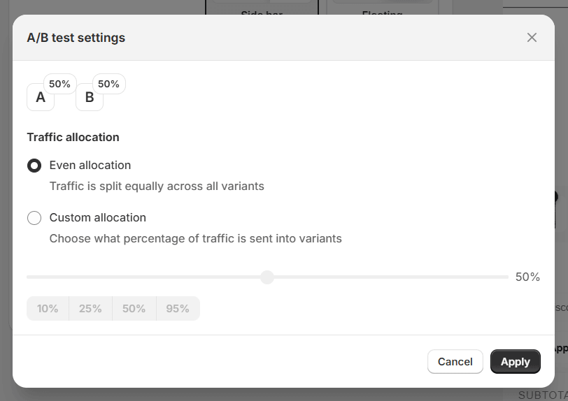 The A/B test settings dialog: A and B chips, each marked 50%, then Traffic allocation with two options, Even allocation (traffic is split equally across all variants) and Custom allocation (choose what percentage of traffic is sent into variants) with a slider at 50% and presets 10%, 25%, 50% and 95%, and Cancel and Apply buttons