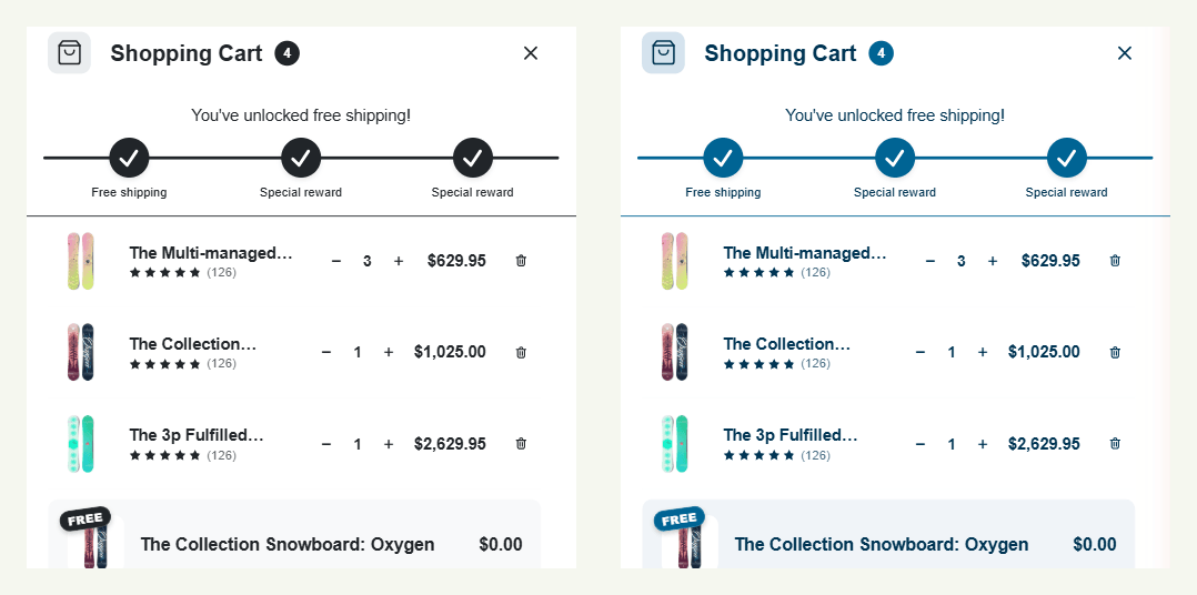 Two cart drawer previews side by side from the same cart: on the left variant A with a black progress bar and ticks, on the right variant B with the same products, free-shipping bar and free gift but a blue progress bar and ticks