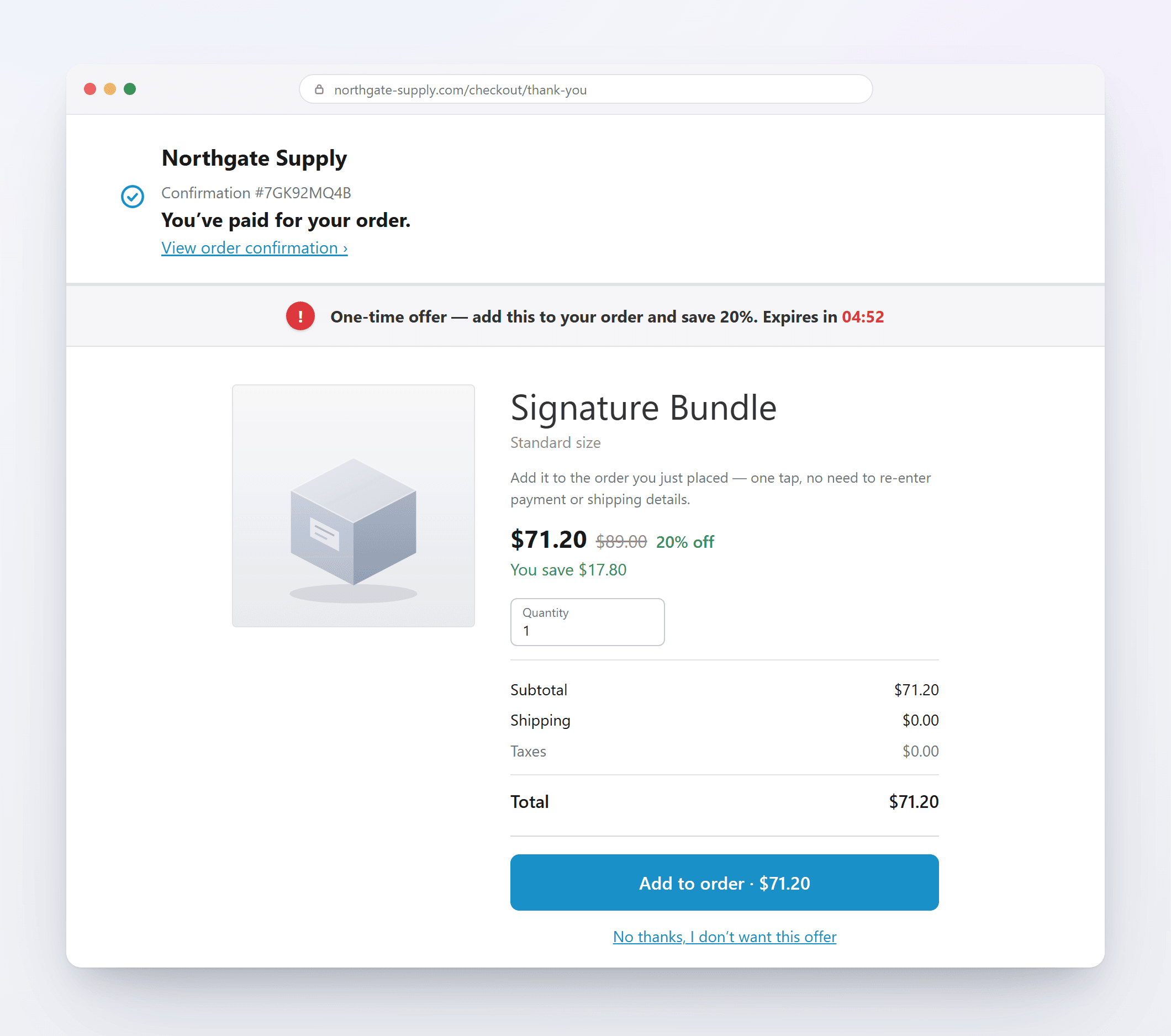 A Shopify thank-you page showing a Flash Upsell one-time offer: the Signature Bundle at $71.20 down from $89.00, with an order summary and a one-click Add to order button.
