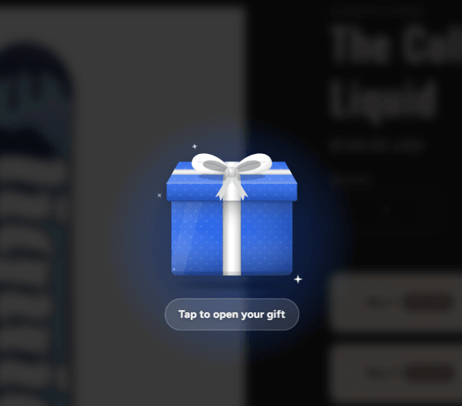 A wrapped blue gift box with a white ribbon over a blurred store page, and a button reading Tap to open your gift