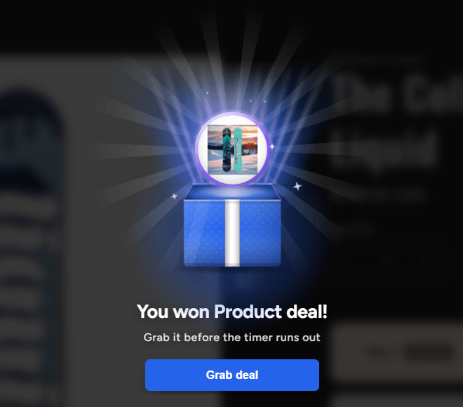 The opened gift box with a snowboard rising out of it in a glow, the heading You won Product deal!, the line Grab it before the timer runs out, and a Grab deal button