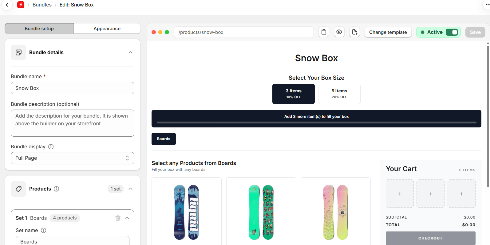The Flash Box Builder editor for a Build a Box bundle called Snow Box. The preview shows box sizes 3 Items 10% off and 5 Items 20% off, the line Add 3 more item(s) to fill your box, a Boards set with snowboards and an empty box cart with three slots. Above the preview, beside the eye icon for Preview, is a page icon