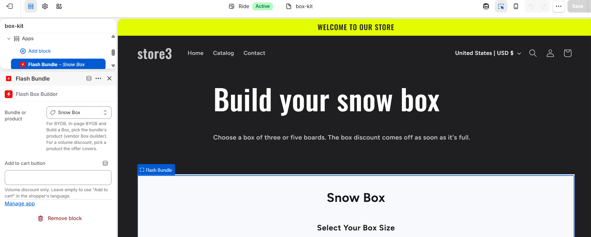 The Shopify theme editor on a page template called box-kit. The Flash Bundle block is selected with Bundle or product set to Snow Box, and the preview shows the page heading Build your snow box with the Snow Box builder under it, starting with Select Your Box Size