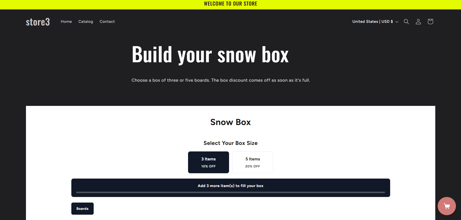 A store page titled Build your snow box with the line Choose a box of three or five boards. The box discount comes off as soon as it's full. Below it, the Snow Box builder: Select Your Box Size with 3 Items 10% off and 5 Items 20% off, and the bar Add 3 more item(s) to fill your box