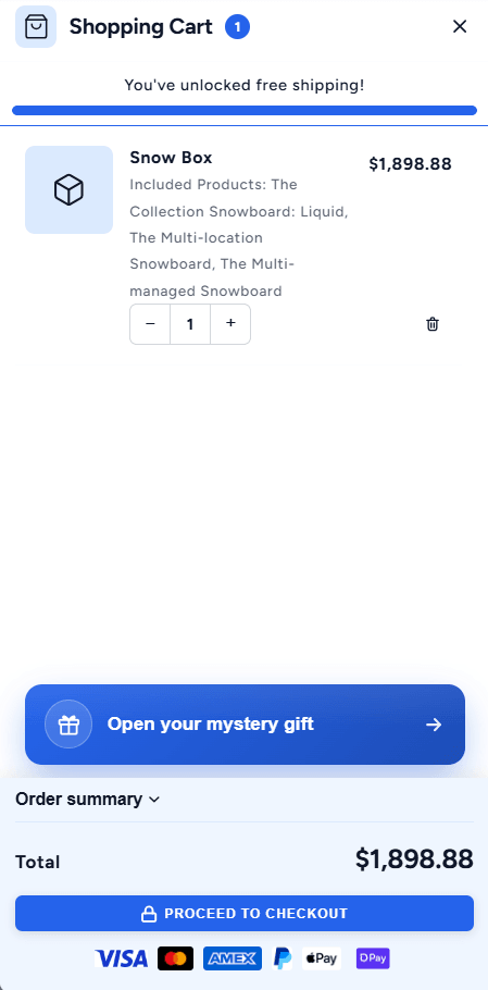 A cart drawer with one line, Snow Box, listing its included products: The Collection Snowboard: Liquid, The Multi-location Snowboard and The Multi-managed Snowboard, and a Proceed to checkout button