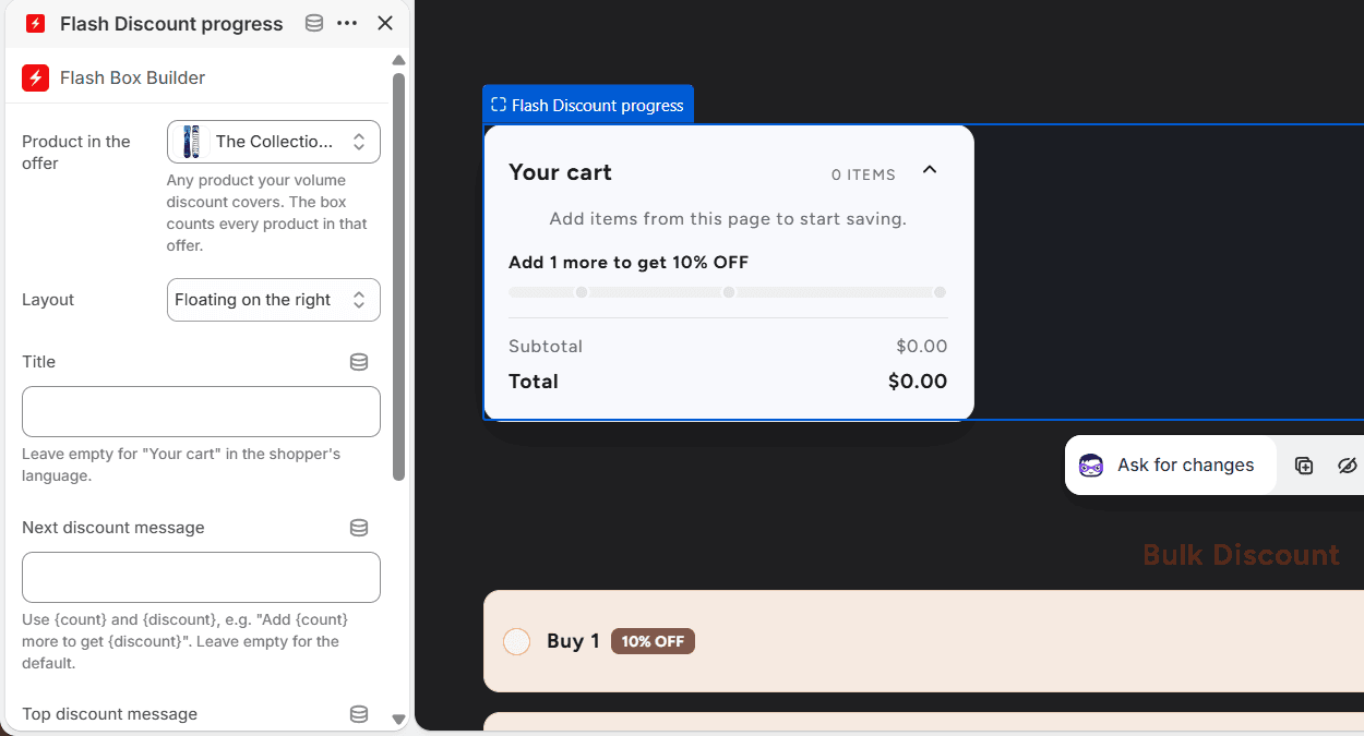 The Flash Discount progress block’s settings in the Shopify theme editor: Product in the offer set to The Collection Snowboard, Layout set to Floating on the right, and empty Title and Next discount message fields. Beside it the preview shows the box reading Your cart, 0 items, Add 1 more to get 10% OFF