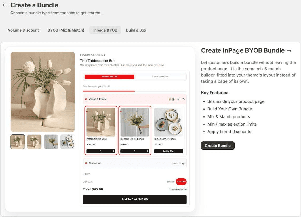 The Create a Bundle page in Flash Box Builder with the Inpage BYOB tab selected: a drawing of a product page where the builder sits beside the product photo, with tiers of 2 items 10% off and 4 items 20% off, a Vases & Stems set and an Add To Cart button for $45.00, next to the key features and a Create Bundle button
