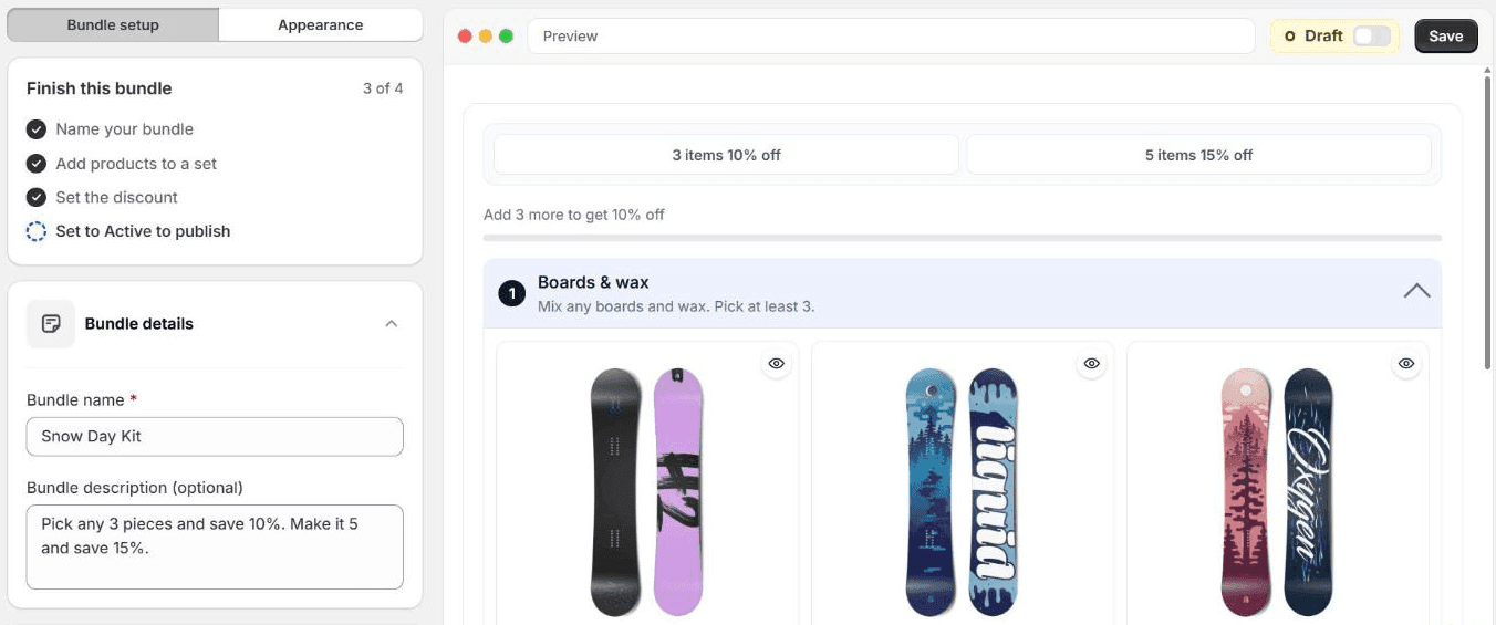 The Inpage BYOB editor: a Finish this bundle checklist at 3 of 4, Bundle details with the name Snow Day Kit and the description Pick any 3 pieces and save 10%. Make it 5 and save 15%, and a preview with tier buttons for 3 items 10% off and 5 items 15% off above a Boards & wax set of snowboards