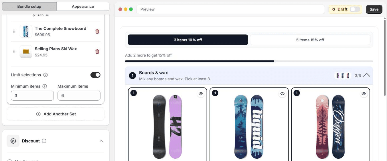 Limit selections switched on with a minimum of 3 and a maximum of 6, the Discount section set to Add tiered discounts, and a preview where three snowboards are picked, the 3 items 10% off tier is highlighted, the set header reads 3/6, and a line says Add 2 more to get 15% off