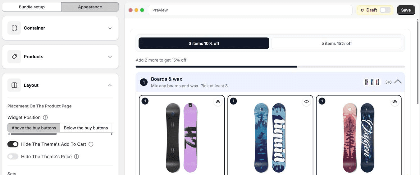 The Appearance tab with the Layout section open: Placement On The Product Page with Widget Position set to Above the buy buttons, Hide The Theme's Add To Cart switched on, Hide The Theme's Price switched off, and Set Display set to Accordion