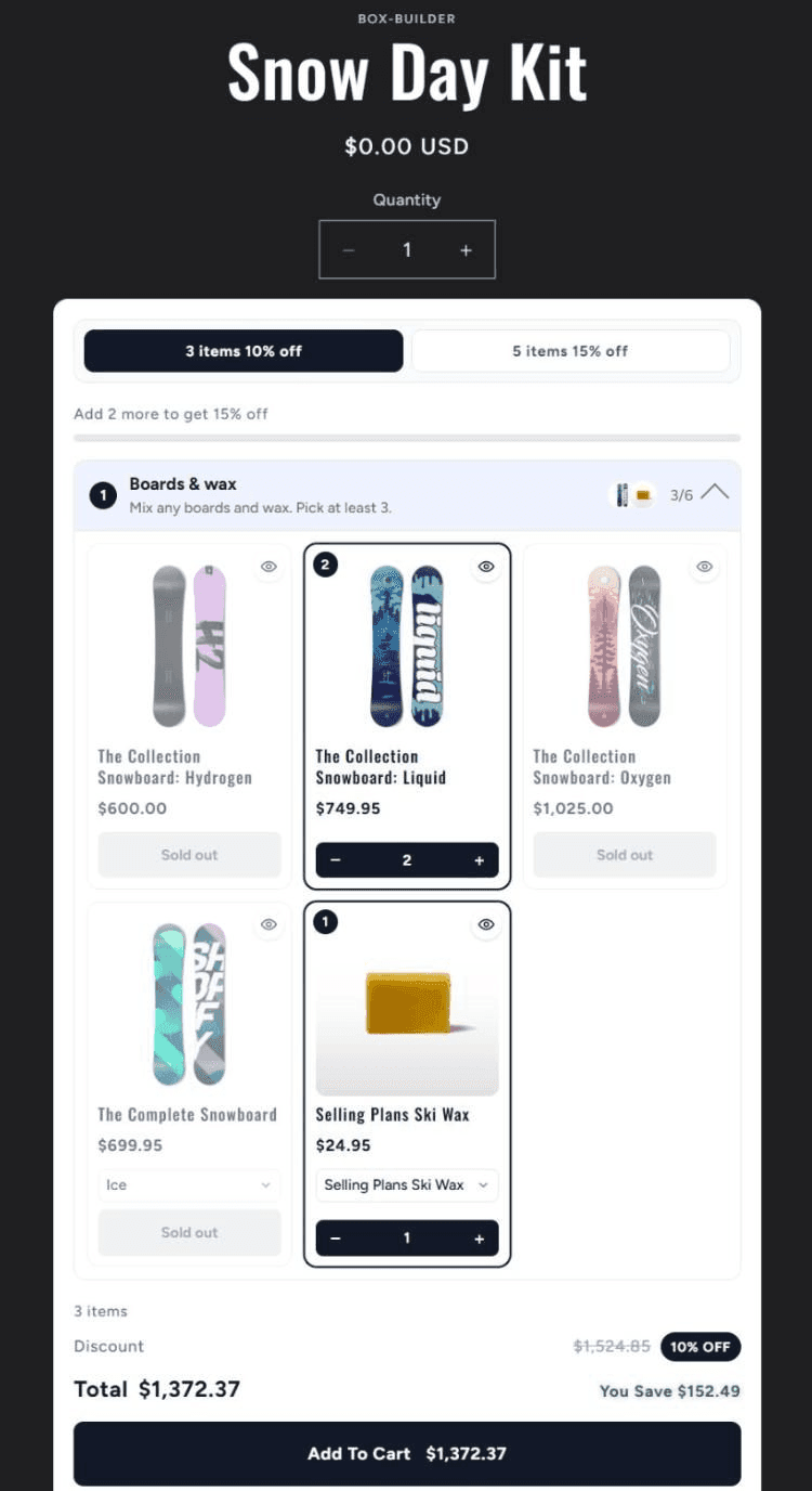 The live Snow Day Kit product page on a dark theme: the theme's title, a $0.00 USD price and a quantity box, then the builder with the 3 items 10% off tier highlighted, the Liquid snowboard at quantity 2 and the ski wax at 1, Hydrogen, Oxygen and the Complete Snowboard sold out, and a total of $1,372.37 with You Save $152.49 above an Add To Cart button