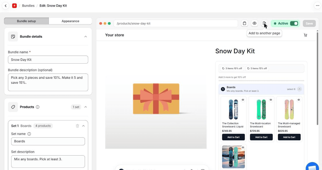 The Flash Box Builder editor for an Inpage BYOB bundle called Snow Day Kit, with a set named Boards holding four snowboards and tier chips for 3 items 10% off and 5 items 15% off. Beside Preview, a page icon shows the tooltip Add to another page