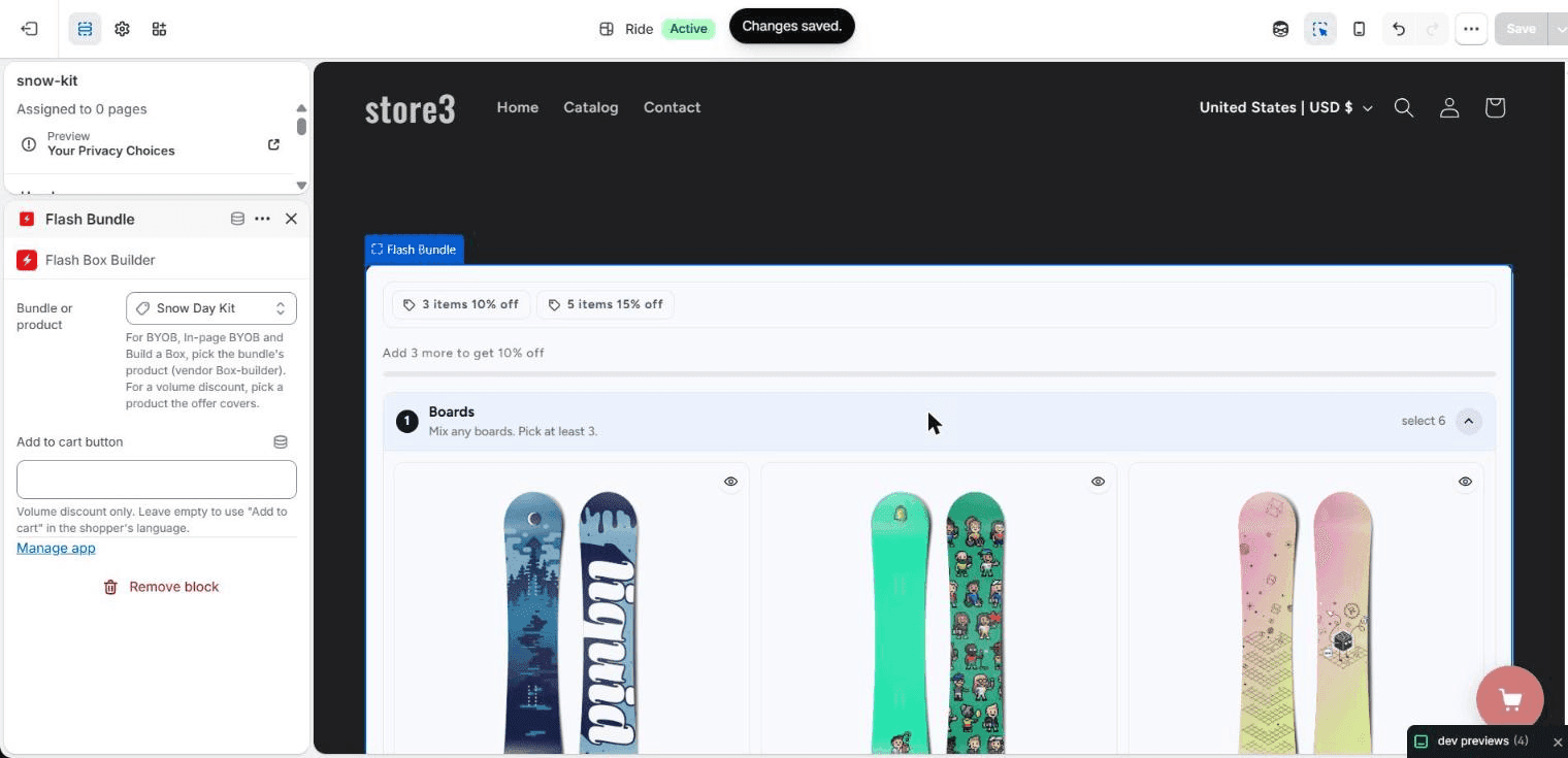 The Shopify theme editor on a page template called snow-kit. The Flash Bundle block is selected with Bundle or product set to Snow Day Kit, and the preview shows the Inpage builder: tier chips for 3 items 10% off and 5 items 15% off, the line Add 3 more to get 10% off, and a Boards set with snowboards