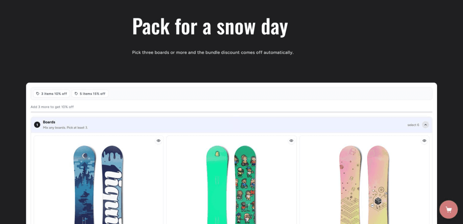 A store page titled Pack for a snow day with the line Pick three boards or more and the bundle discount comes off automatically. Below it, the Inpage builder: tier chips for 3 items 10% off and 5 items 15% off, the line Add 3 more to get 10% off, and a Boards set with snowboards