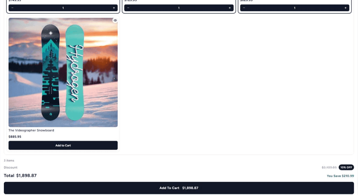 The Inpage builder with three boards picked, each showing a quantity stepper. Below the products: 3 items, Discount with the original price crossed out and a 10% OFF badge, a total, You Save, and an Add To Cart button carrying the total