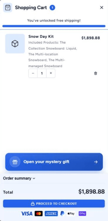 A cart drawer with one line, Snow Day Kit, listing its included products: The Collection Snowboard: Liquid, The Multi-location Snowboard and The Multi-managed Snowboard, and a Proceed to checkout button