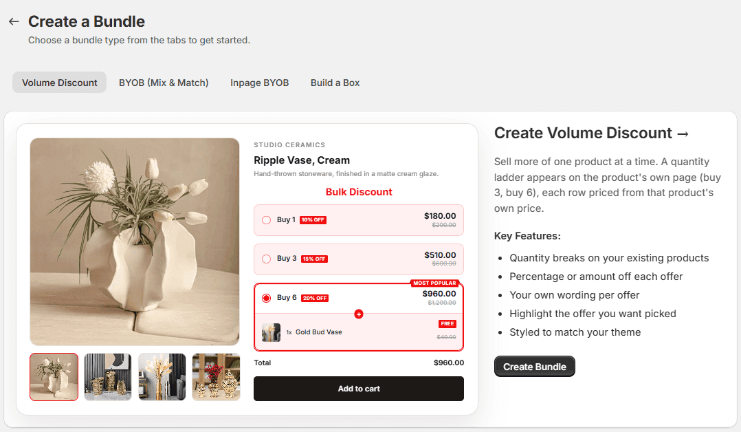The Create a Bundle page in Flash Box Builder with the Volume Discount tab selected: a drawing of a product page with a Bulk Discount ladder of Buy 1, Buy 3 and Buy 6, and a Create Bundle button beside the list of key features