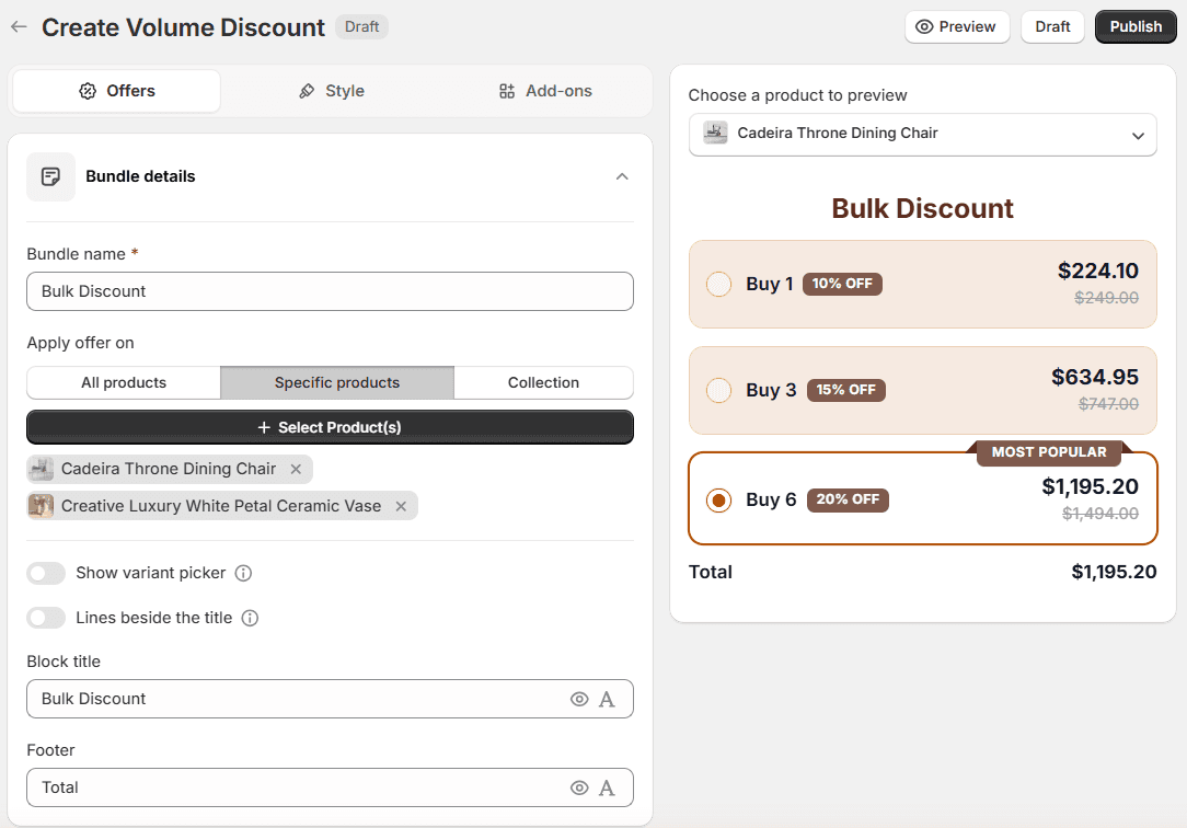 The volume discount editor on the Offers tab: Bundle name is Bulk Discount, Apply offer on is set to Specific products with Cadeira Throne Dining Chair and Creative Luxury White Petal Ceramic Vase chosen, and the preview on the right prices Buy 1, Buy 3 and Buy 6 from the chair