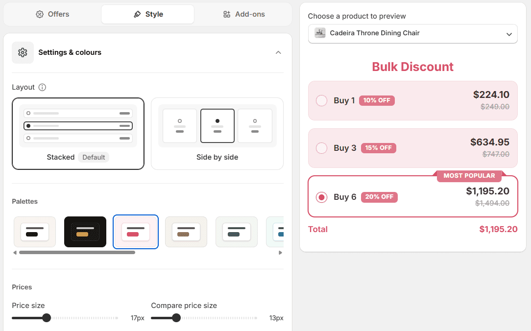 The Style tab: Layout set to Stacked, with Side by side as the other choice, a row of colour palettes with a pink one selected, and price size sliders. The preview on the right has turned pink to match