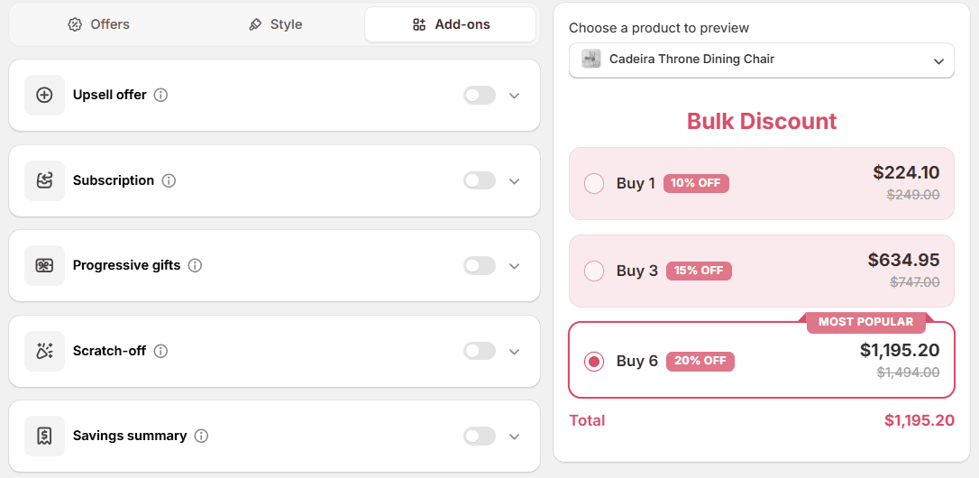 The Add-ons tab with five switches, all off: Upsell offer, Subscription, Progressive gifts, Scratch-off and Savings summary