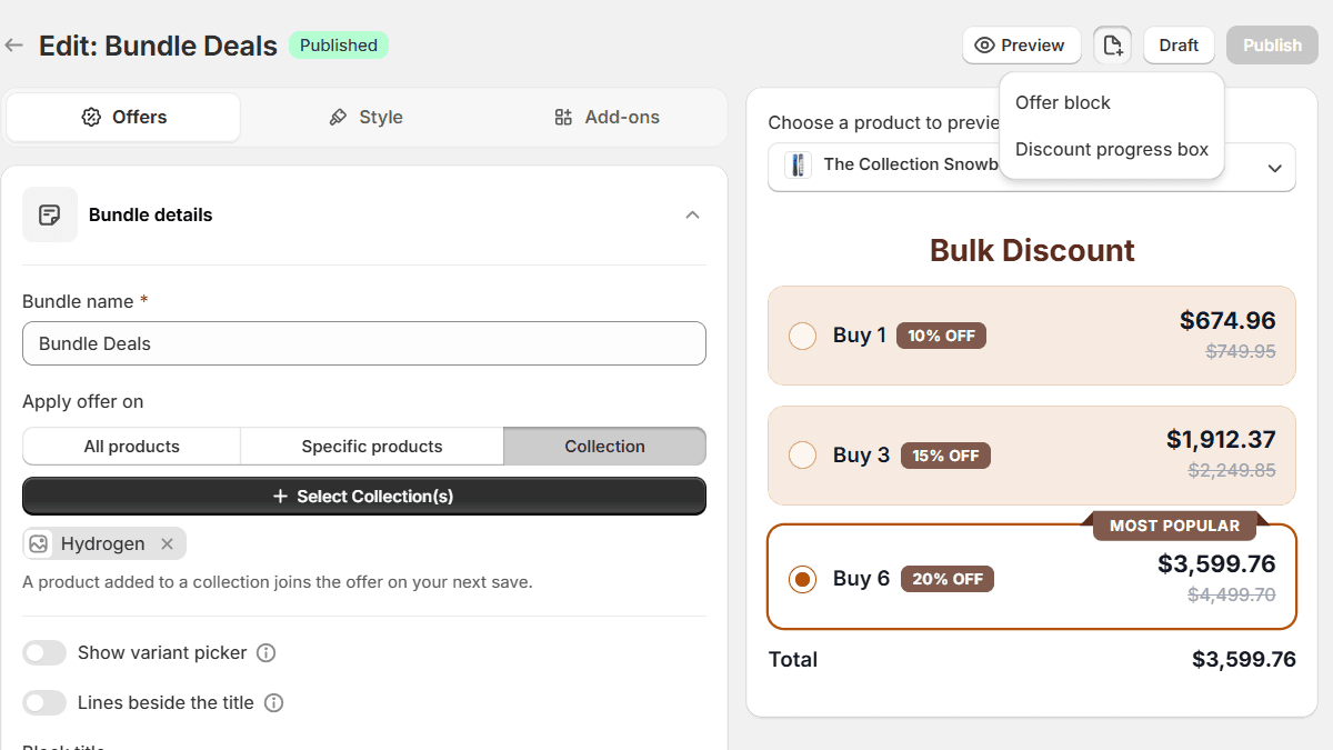 The volume discount editor in Flash Box Builder for an offer called Bundle Deals, applied to the Hydrogen collection. A small page icon beside Preview is open as a menu with two items: Offer block and Discount progress box. The preview on the right shows Buy 1, Buy 3 and Buy 6 rows at 10, 15 and 20 percent off