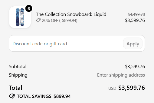 Shopify checkout’s order summary: The Collection Snowboard: Liquid, quantity 6, 20% OFF minus $899.94, $3,599.76, and a total of $3,599.76 with total savings of $899.94