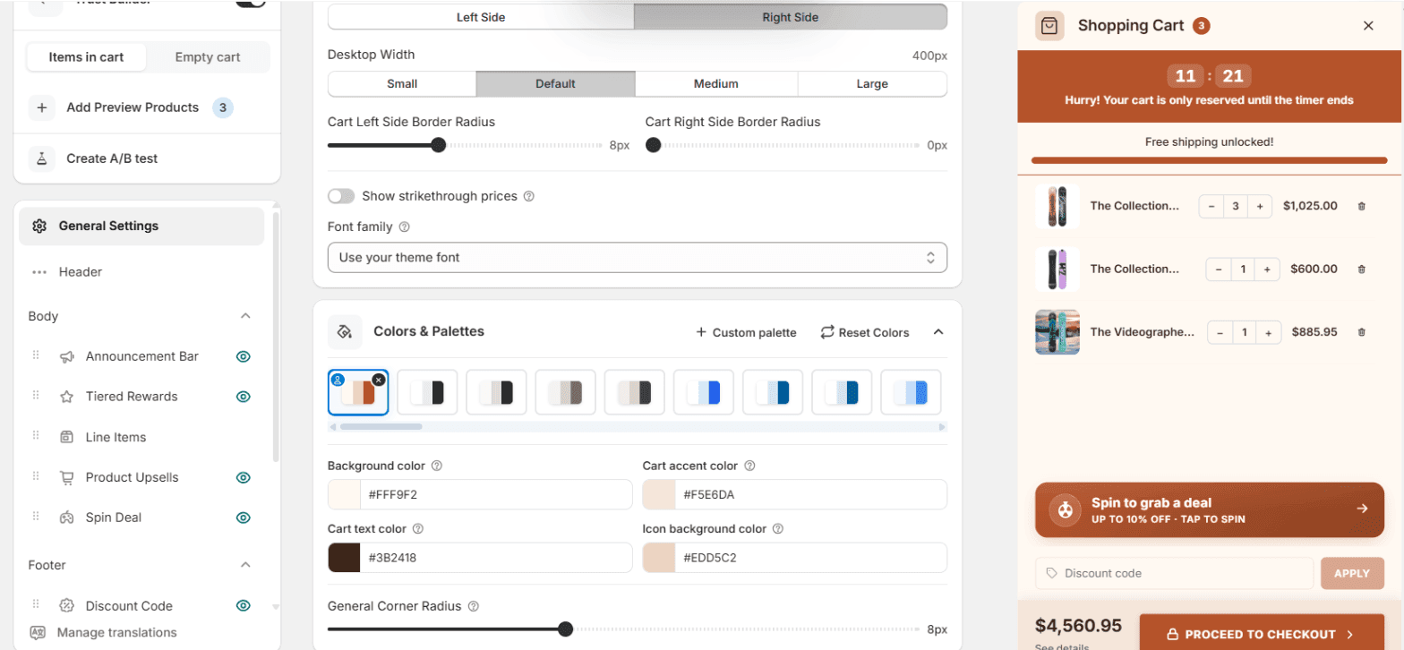 The cart editor on General Settings: the Colors & Palettes card with a custom terracotta palette selected first in the row, its colour values below, and the live cart preview on the right painted cream and terracotta