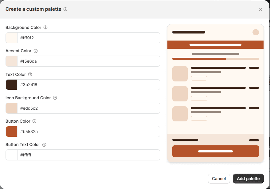 The Create a custom palette dialog: six colour fields from Background Color to Button Text Color filled with cream, peach, dark brown, tan, terracotta and white, next to a small cart sketch painted in those colours, with Cancel and Add palette buttons