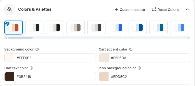 The Colors & Palettes card: the custom palette first in the row with a blue person badge, followed by built-in palettes in black, grey and blue, and the colour fields below showing #FFF9F2, #F5E6DA, #3B2418 and #EDD5C2