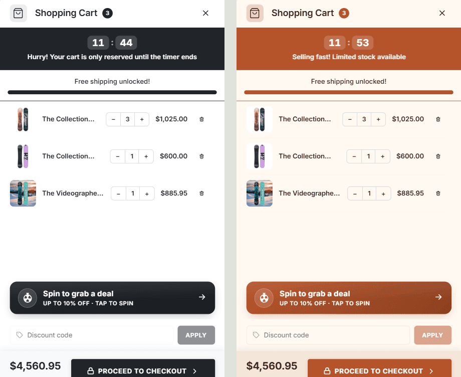 Two copies of the same cart drawer side by side. Left: the built-in Minimal Light palette with a black timer bar, black progress bar and black checkout button. Right: the custom palette with a terracotta timer bar, progress bar, spin button and checkout button on a cream background