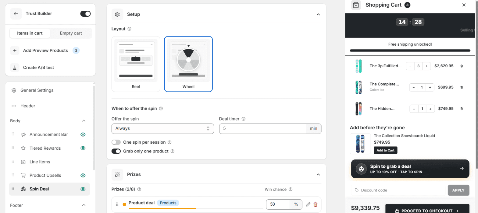 The cart editor with Spin Deal selected in the left list: the Setup card with Reel and Wheel layouts, the offer and timer settings, and the live cart preview with a Spin to grab a deal button