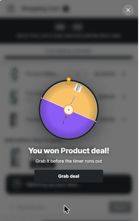 The wheel open over the drawer, stopped on the Product deal segment, with the message You won Product deal, Grab it before the timer runs out, and a Grab deal button
