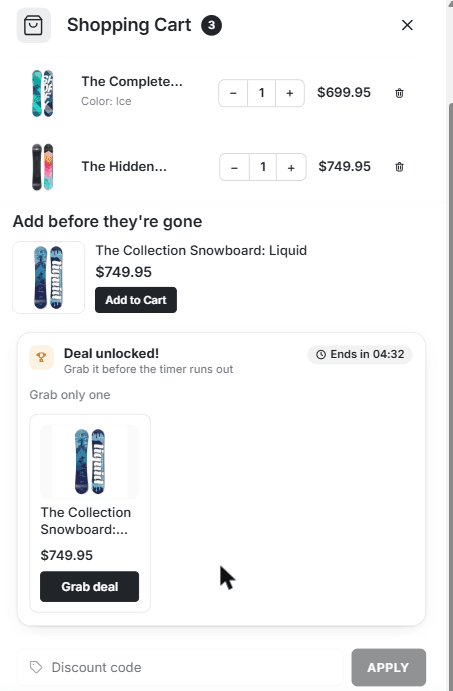 The drawer after the spin: a Deal unlocked card with an Ends in 04:32 timer, the hint Grab only one, and a product card with a Grab deal button