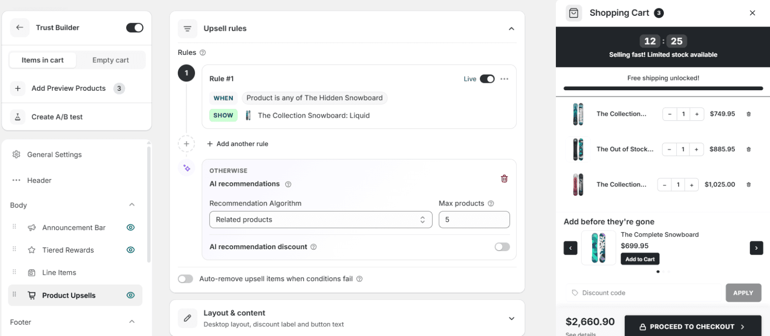The cart editor with the Product Upsells section open: one rule, an AI recommendations fallback, and the live cart preview on the right