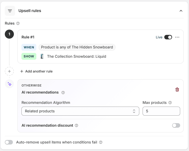 The Upsell rules card: Rule #1 shows The Collection Snowboard: Liquid when the cart has The Hidden Snowboard, then an Otherwise step with AI recommendations