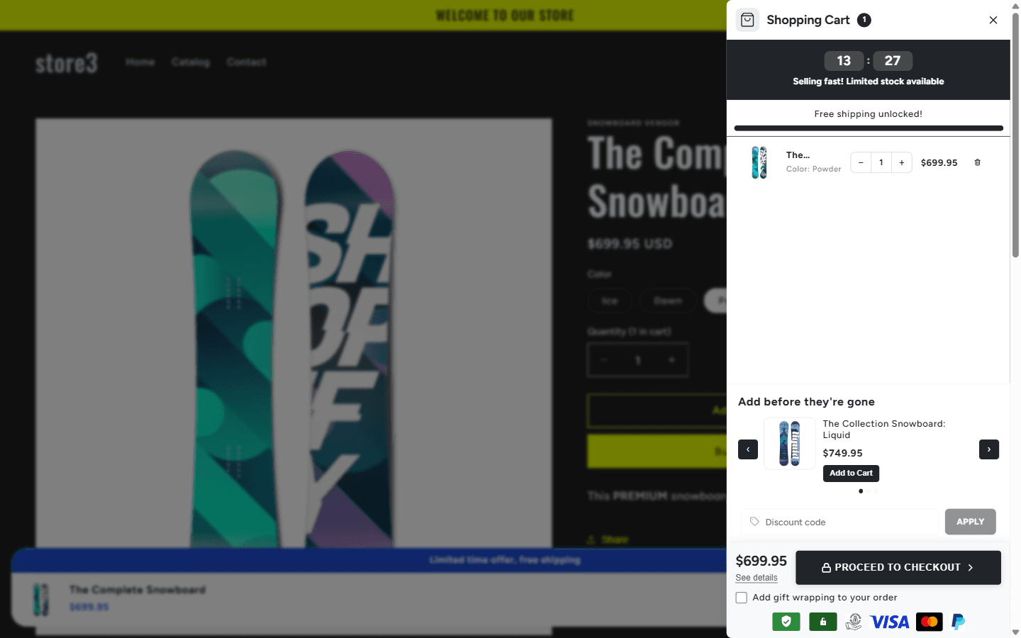The cart drawer open on a demo store’s product page: one snowboard in the cart, and an Add before they’re gone section offering The Collection Snowboard: Liquid at $749.95 with an Add to Cart button